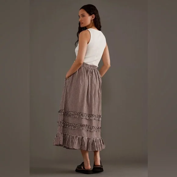 DAMSON MADDER Rina Ruffle Skirt in Chocolate Check UK 12 / US 8 - Picture 10 of 16